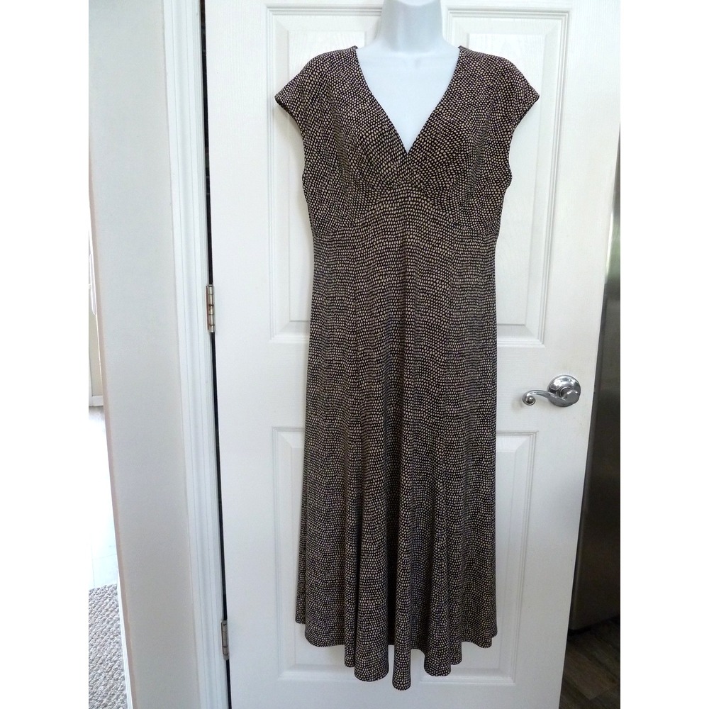 JONES NEW YORK Dress 12 Black Beige Dotted Midi Fit & Flare Empire Waist V-Neck